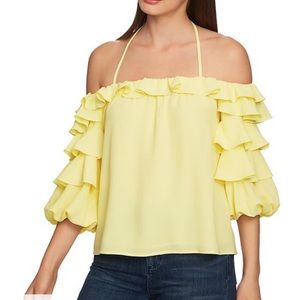 1. State off shoulder halter blouse ruffle sleeves